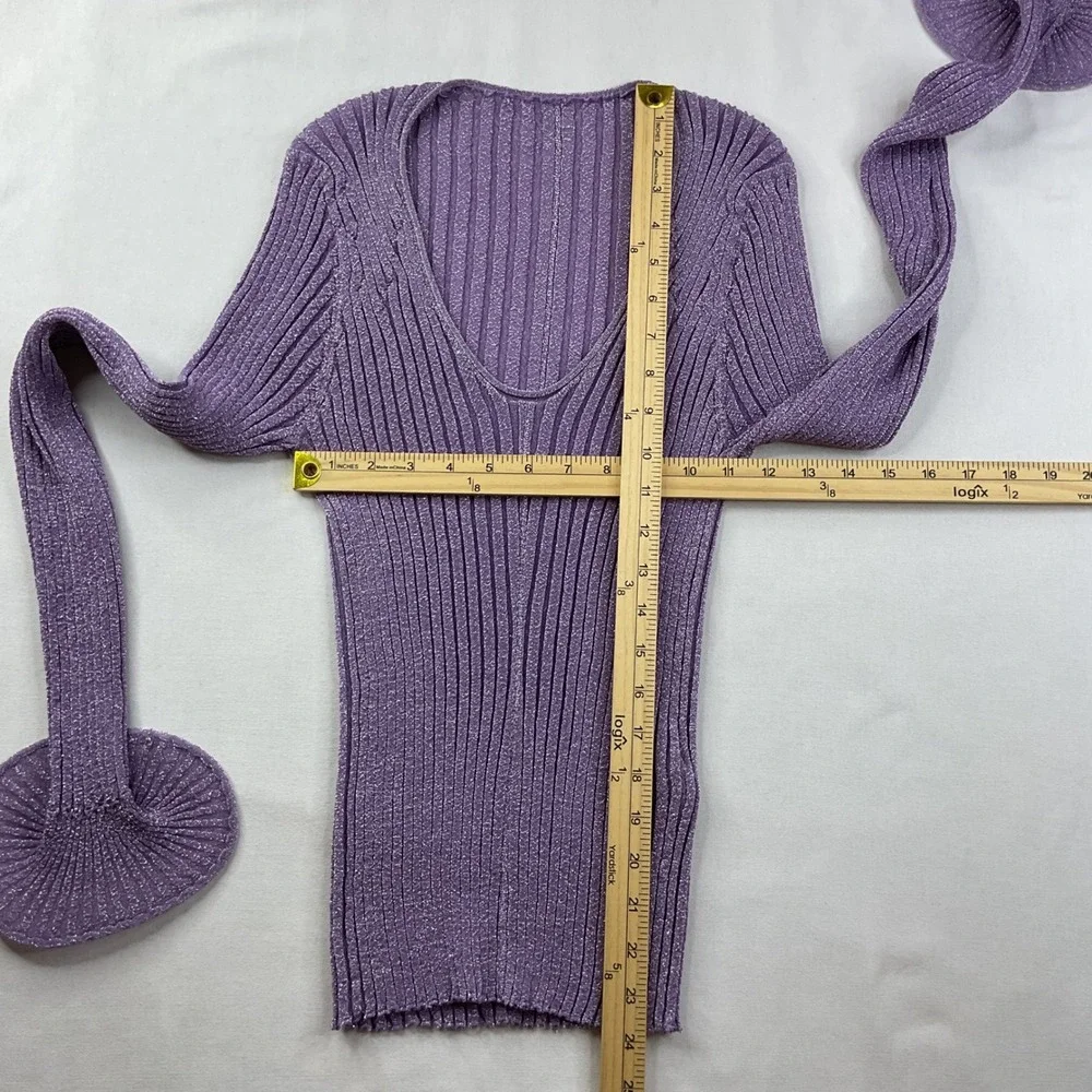 Tory Burch Purple Metallic hoop top large Ribbed Knit V-Neck Circular Cuffs